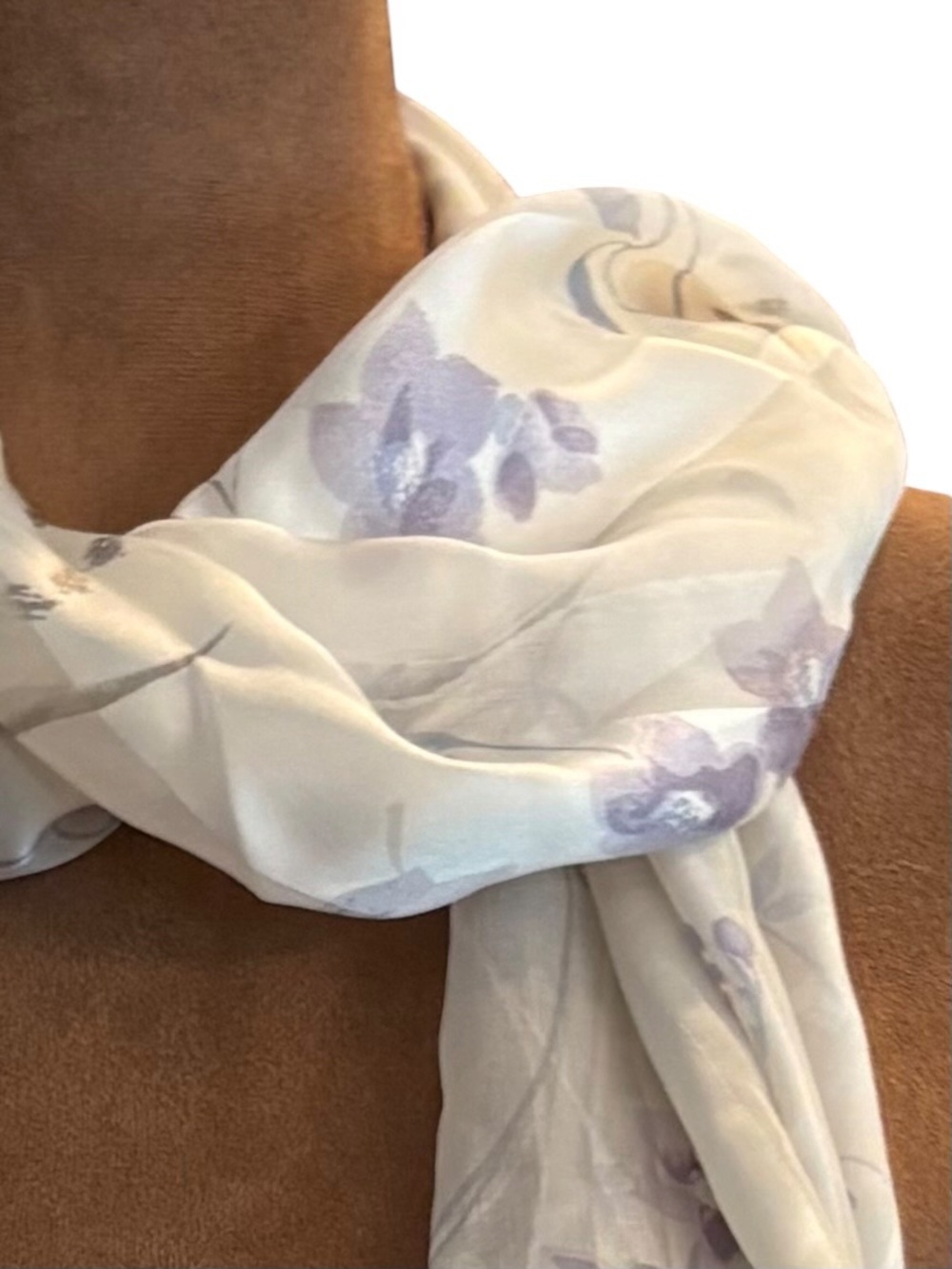 Bill Blass Semi Sheer Silk Scarf 56 x 13” Lavender Purple Flowers Ivory Stripes